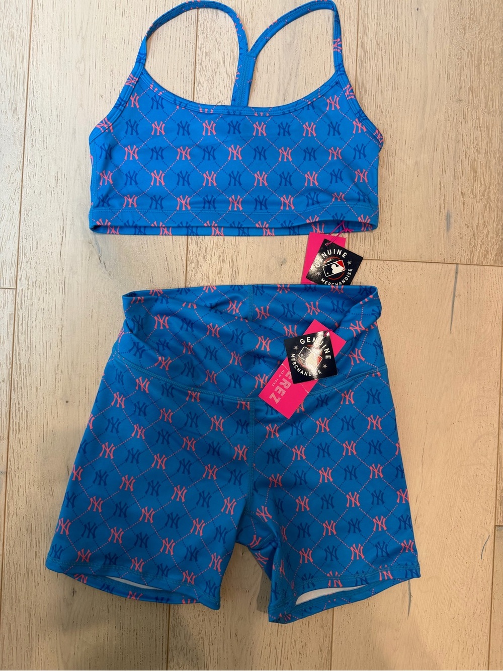 NY Collection Blue & Pink Logo Active Shorts and Sports Bra Set
